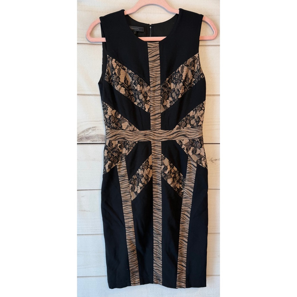 BCBGMAXAZRIA Raina Black Lace Colorblock Sheath Dress Size S Sleeveless LBD